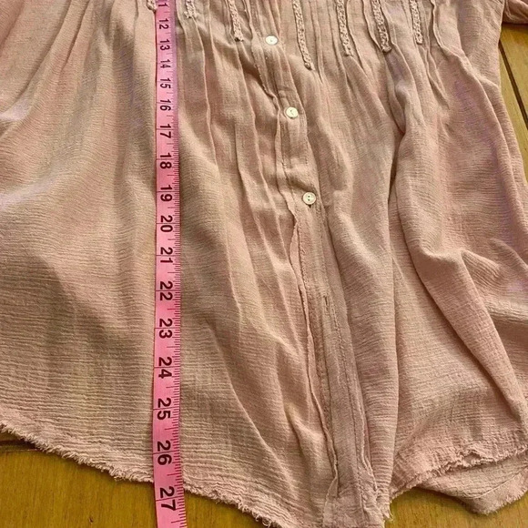 Women's Pink Cotton Gauze Frayed Boho Collared Blouse Large Love Haight - Picture 2 of 13